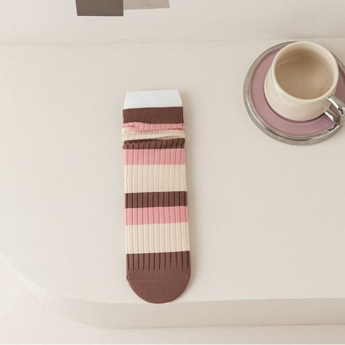 Ribbed Socks - 01 - Pink & Brown Beige / One Size