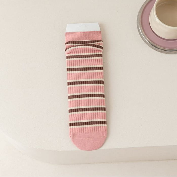 Ribbed Socks - 02 - Pink & Brown Beige / One Size