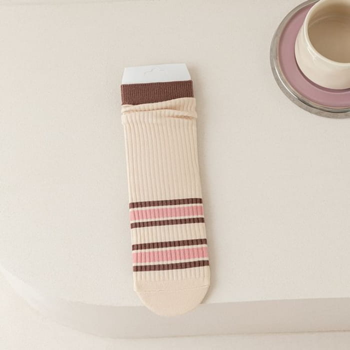 Ribbed Socks - 04 - Pink & Brown Beige / One Size