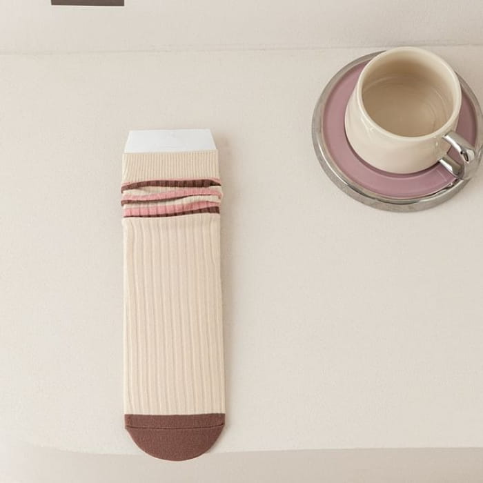 Ribbed Socks - 05 - Pink & Brown Beige / One Size