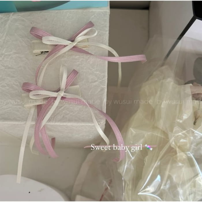 Ribbon Hair Clip - 1 Pc - White & Pink / One Size