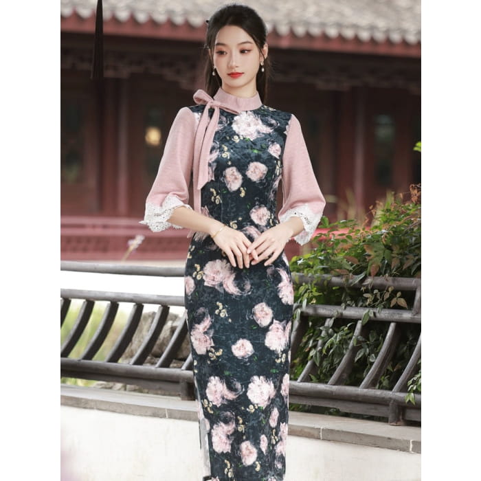Ribbon Mid Sleeve Long Cheongsam - Female Hanfu