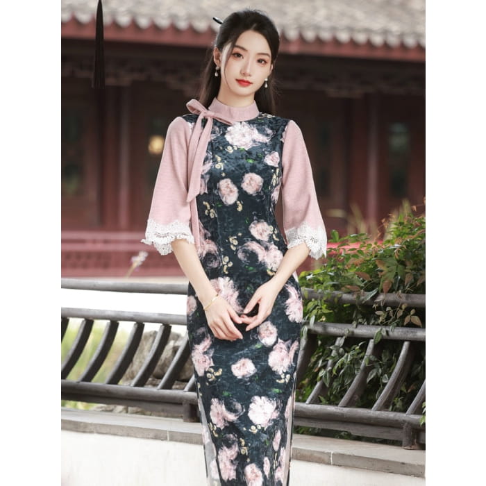 Ribbon Mid Sleeve Long Cheongsam - S - Female Hanfu