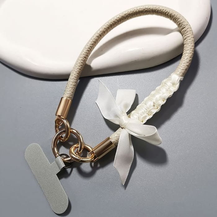 Ribbon Phone Strap with Lanyard Pad - Gray - Bow - Almond