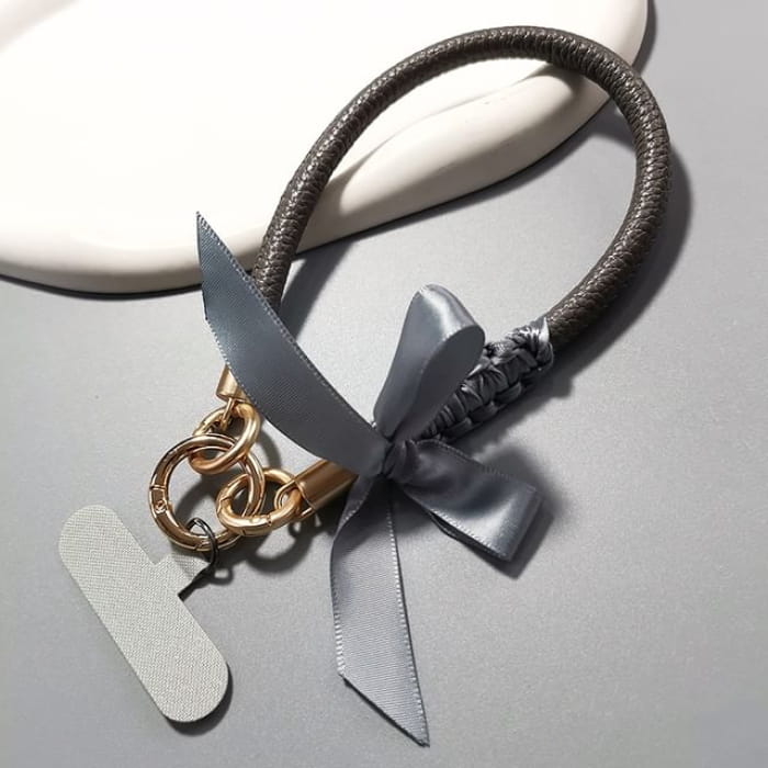 Ribbon Phone Strap with Lanyard Pad - Gray - Bow - Dark