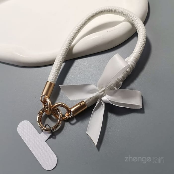 Ribbon Phone Strap with Lanyard Pad - White - Bow