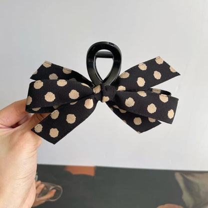 Ribbon Polka Dot Hair Claw Clip - 02 - Beige - Black