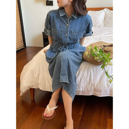 Roll-Sleeve Denim Midi Shirt Dress - Dark Blue / One Size