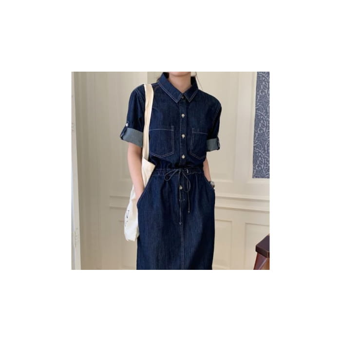 Roll-Sleeve Denim Midi Shirt Dress - Dark Blue / One Size