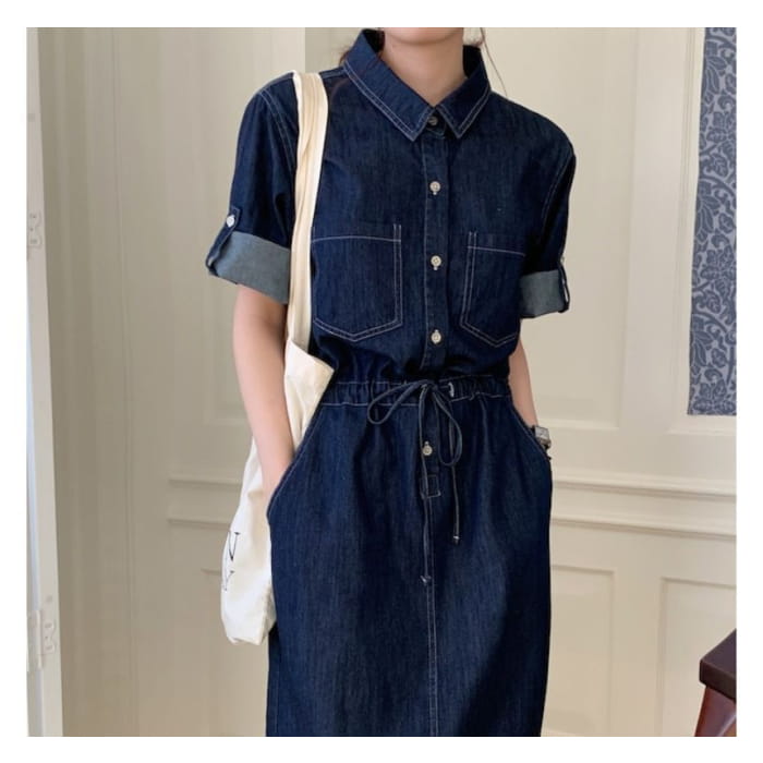 Roll-Sleeve Denim Midi Shirt Dress - Dark Blue / One Size