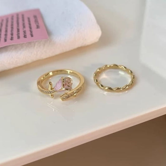 Rose Enamel Alloy Open Ring / Wavy - J4477 - Pink / One Size