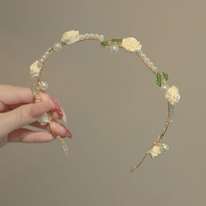 Rose Faux Pearl Alloy Headband - White / One Size