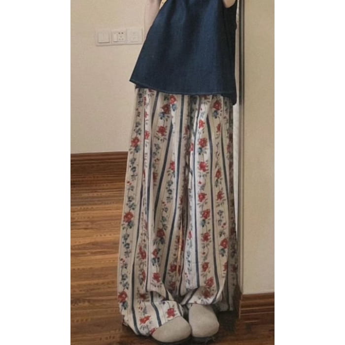 Rose Floral Print High Rise Elastic Waist Wide Leg