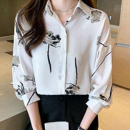 Rose Print Lapel Satin Shirt