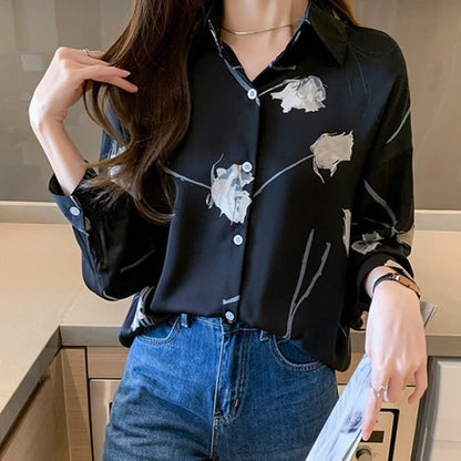 Rose Print Lapel Satin Shirt