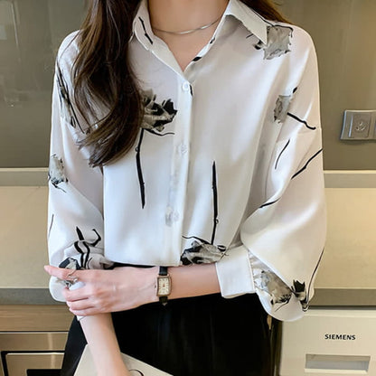 Rose Print Lapel Satin Shirt - White / M