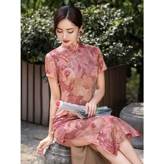 Rose Printed Short Sleeve Cheongsam - Female Hanfu