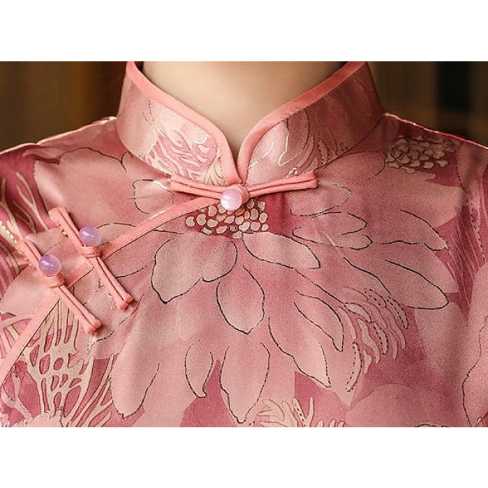 Rose Printed Short Sleeve Cheongsam - Female Hanfu