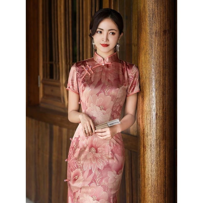 Rose Printed Short Sleeve Cheongsam - S / Female Hanfu