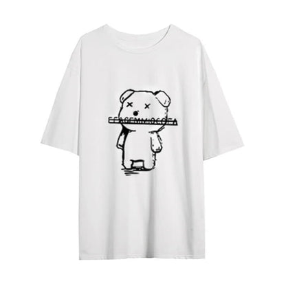 Round Collar Bear Print T-Shirt Lace Up Skirt