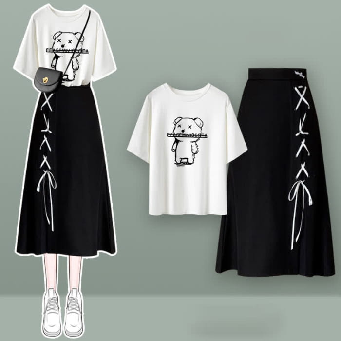 Round Collar Bear Print T-Shirt Lace Up Skirt - Set B / M