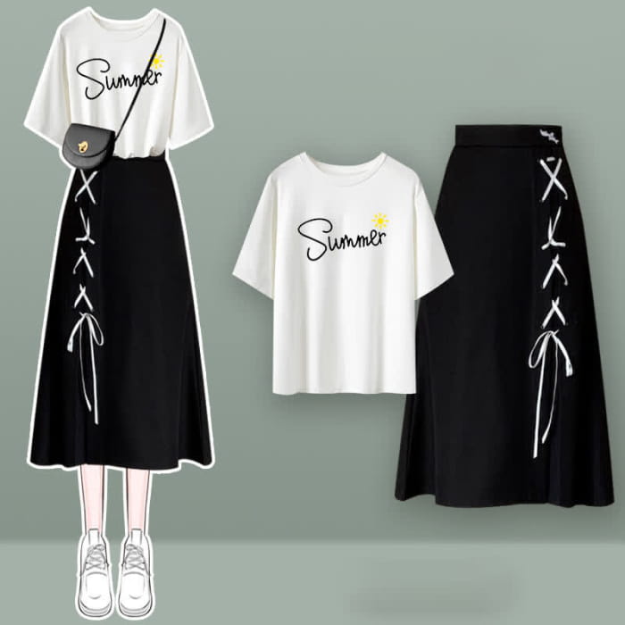 Round Collar Bear Print T-Shirt Lace Up Skirt - Set C / M