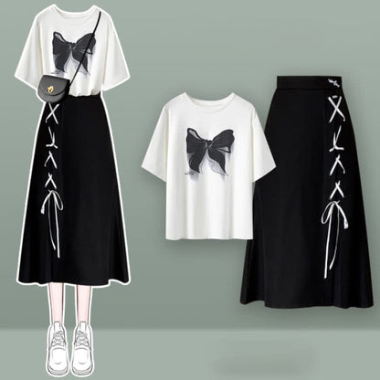 Round Collar Bear Print T-Shirt Lace Up Skirt - Set D / M