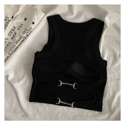 Round Neck Plain Cutout Back Padded Tank Top