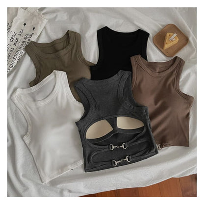 Round Neck Plain Cutout Back Padded Tank Top