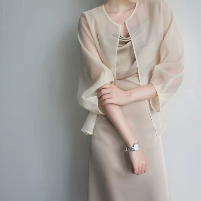 Round Neck Plain Open Front Jacket - Almond / One Size