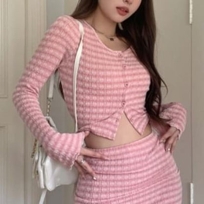 Round Neck Striped Button Jacket / High Waist Mini Pencil