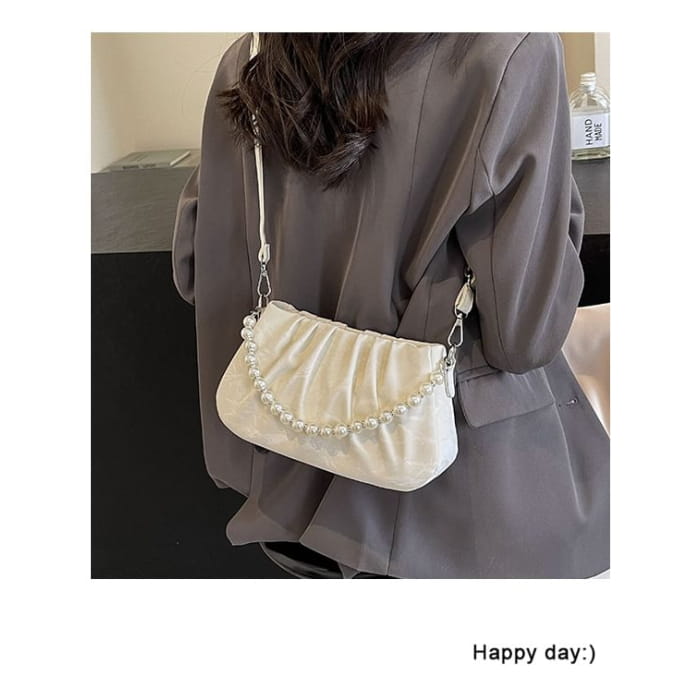 Ruched Faux Pearl Shoulder Bag