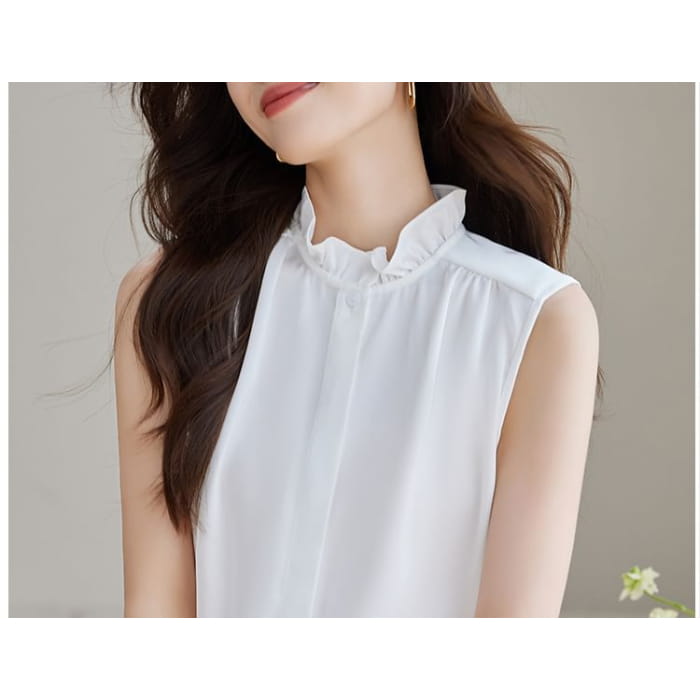 Ruffle Neck Sleeveless Plain Blouse Egirldoll