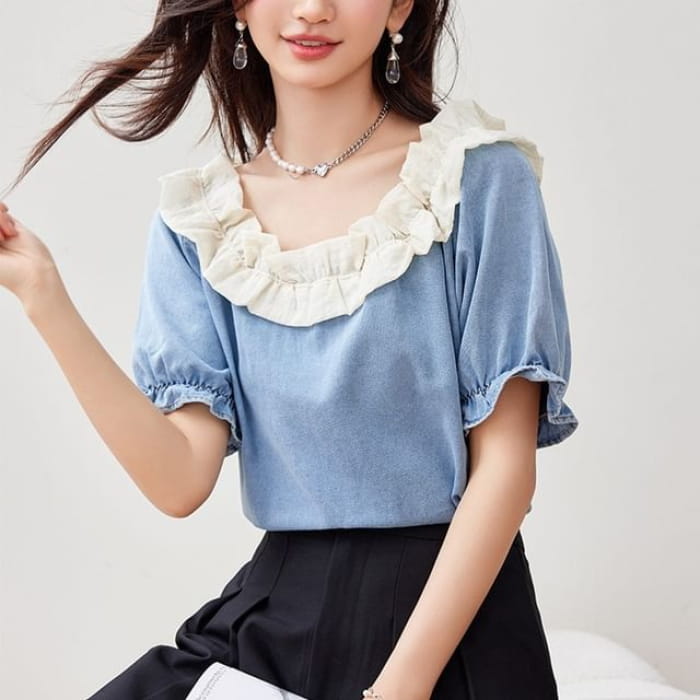 Ruffle Short Sleeve Scoop Neck Denim Top