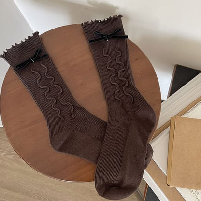 Ruffle Trim Bow Socks - Brown / One Size