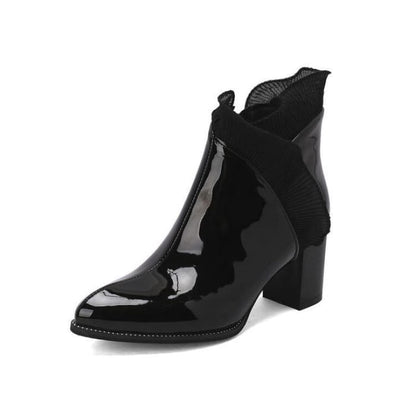 Ruffle Trim Chunky Heel Ankle Boots - Patent Leather