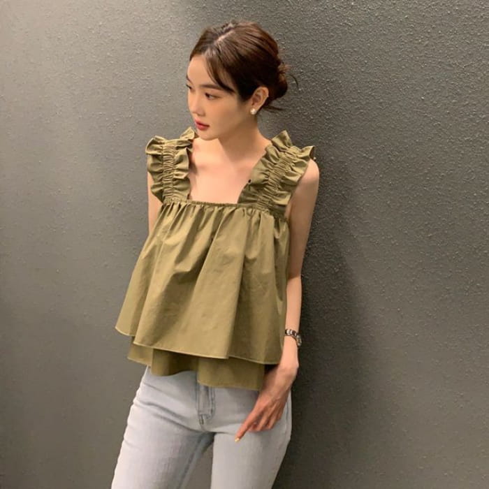 Ruffle Trim Plain Flowy Cami Top - Khaki / One Size