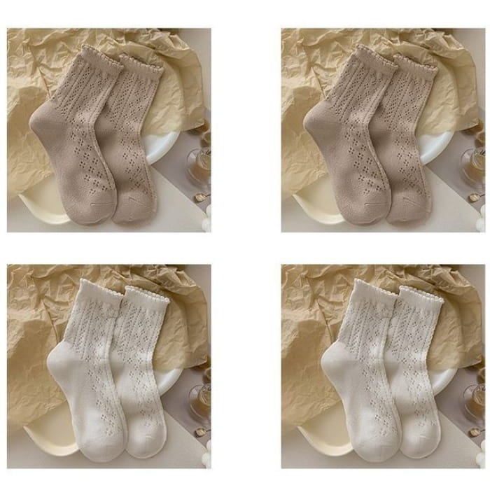 Ruffle Trim Socks Set - of 4 - 2 Pairs - Coffee & - White