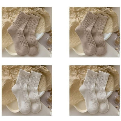 Ruffle Trim Socks Set - of 4 - 2 Pairs - Coffee & - White