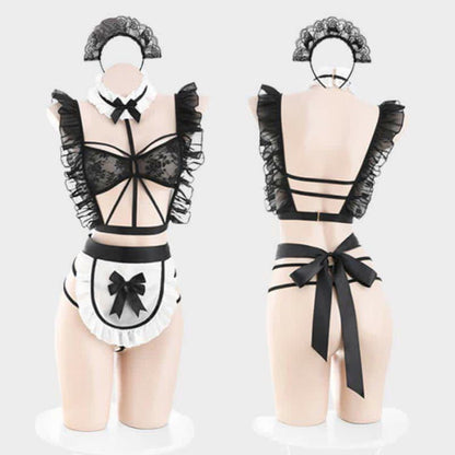 Ruffled Hollow Out Lace Up Apron Maid Lingerie Stockings