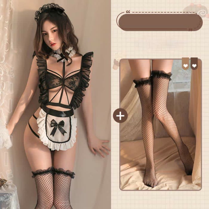 Ruffled Hollow Out Lace Up Apron Maid Lingerie Stockings