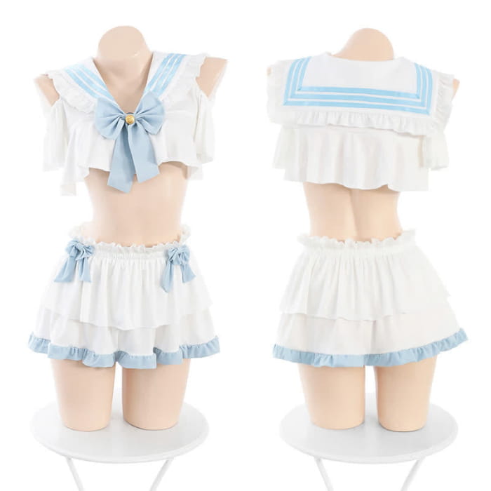 Sailor Collar Bowknot JK Uniform Lingerie Set - Blue&White