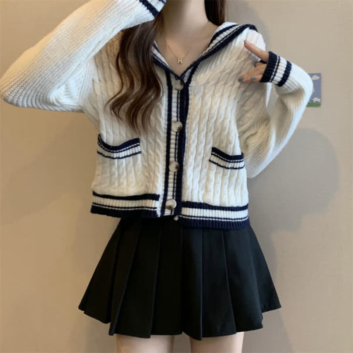 Sailor Collar Cable Sweater Casual Pants Pleated Skirt Set