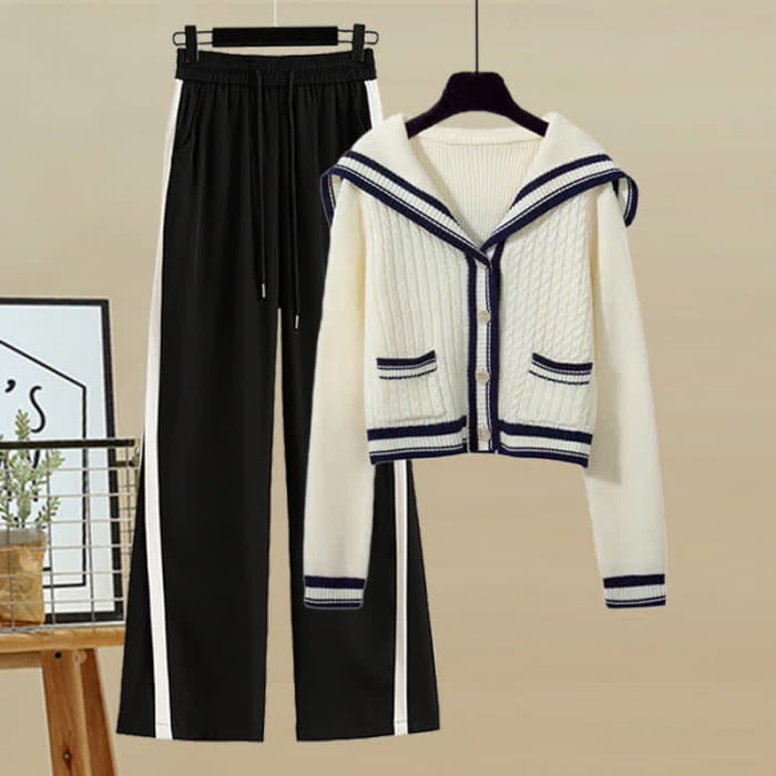 Sailor Collar Cable Sweater Casual Pants Pleated Skirt Set