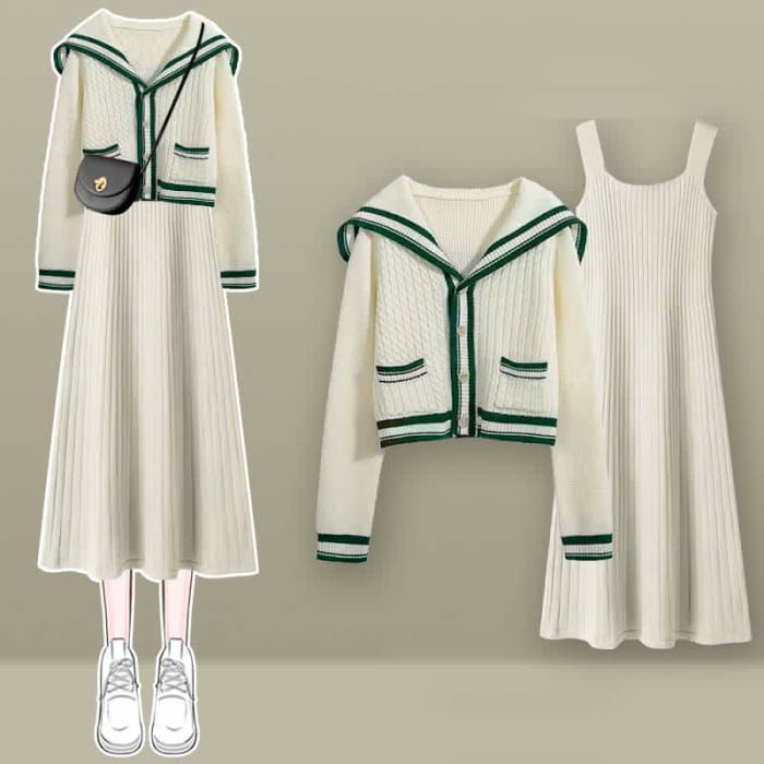 Sailor Collar Cable Sweater Slip Dress Denim Skirt - Green