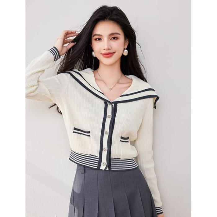 Sailor Collar Striped Cardigan - Off-White / S