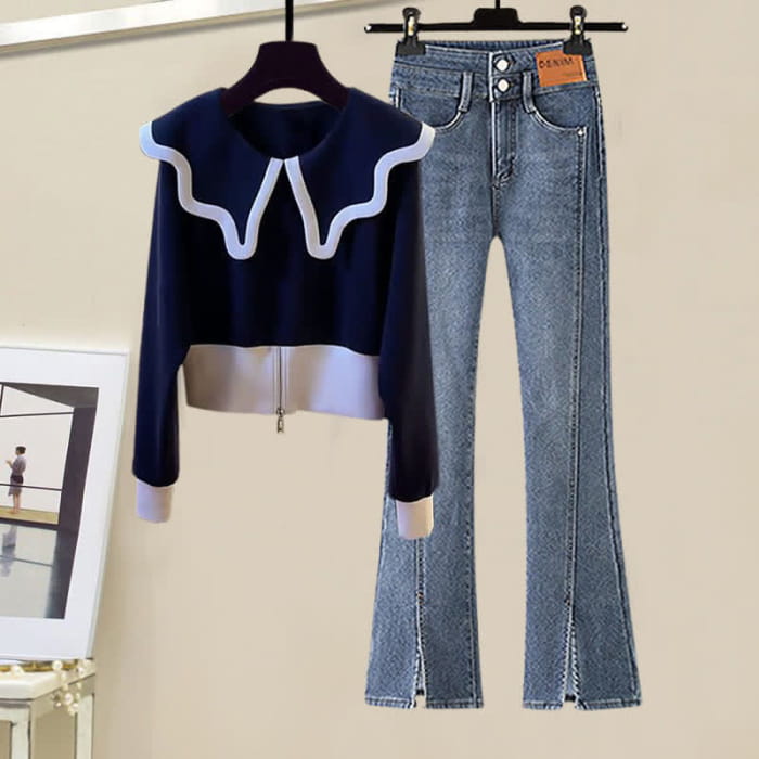 Sailor Collar Sweater High Waist Denim Pants - Purlish Blue