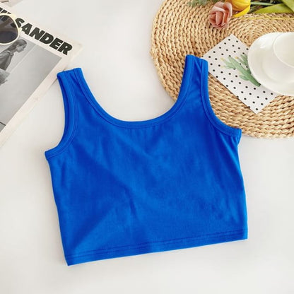 Scoop Neck Plain Crop Tank Top - Blue / One Size