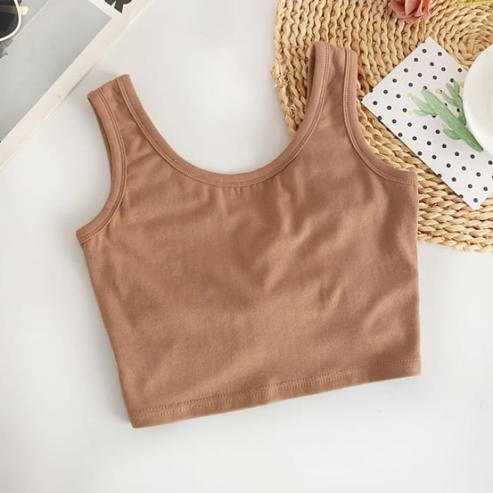 Scoop Neck Plain Crop Tank Top - Khaki / One Size