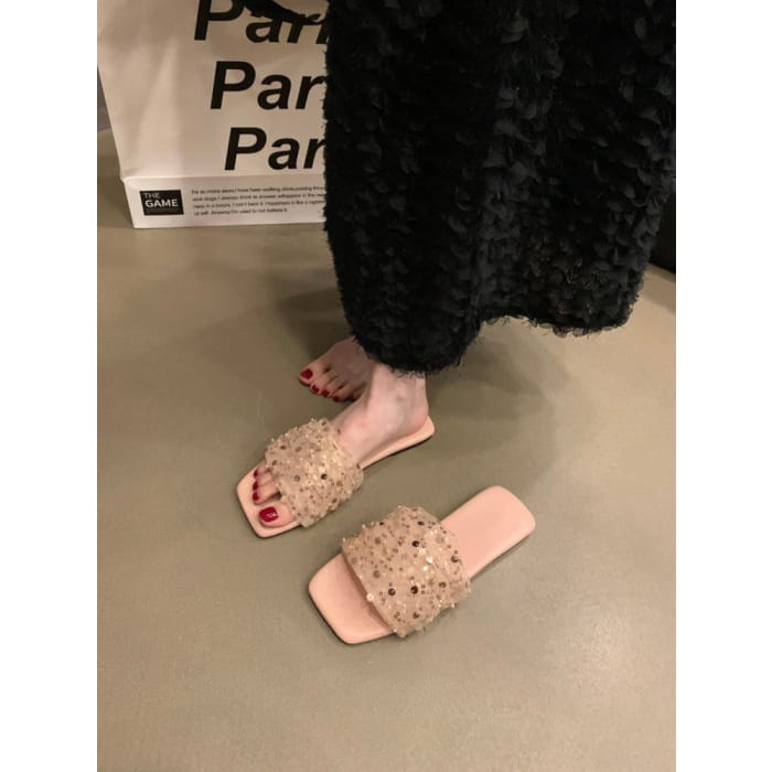 Sequin Mesh Slide Sandals